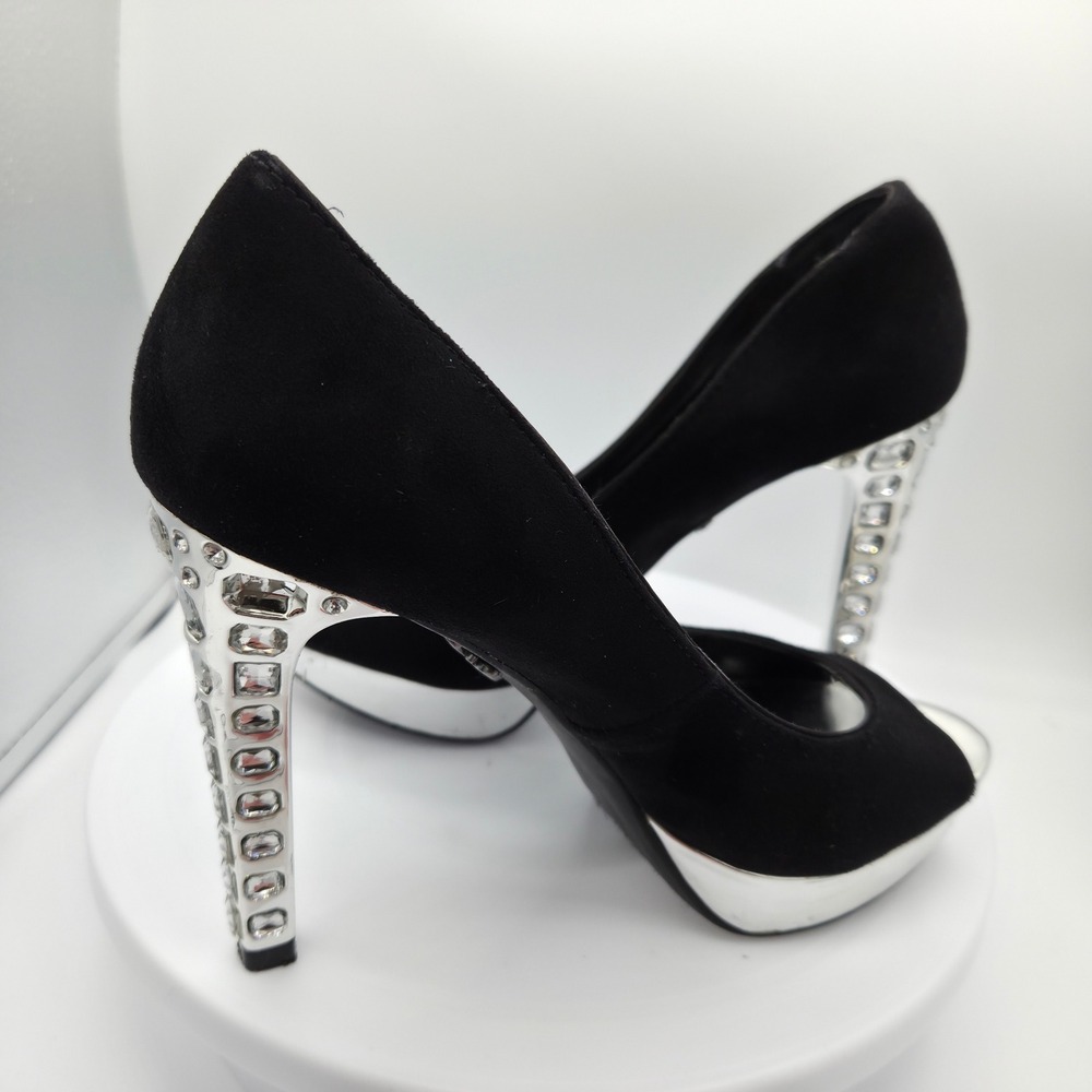 Simply Vera Svariel Black Faux Suede Rhinestone Metallic Platform Peep Toe Pump